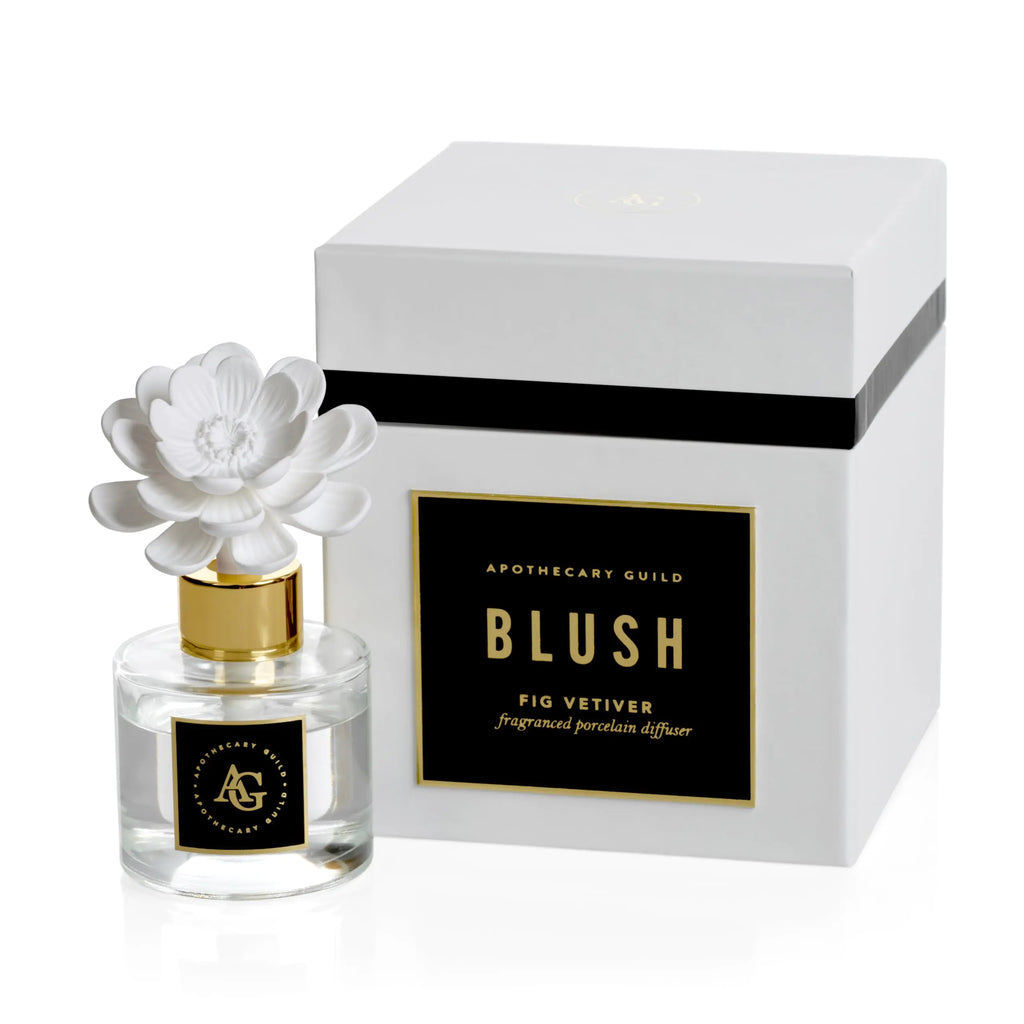 Zodax Apothecary Guild Blush Porcelain Oil Diffuser - Home Fragrance Diffuser Ideal for Living Room Bathroom Office - Makes a Great Gift - Porcelain Flower Design - Fig Vetiver Scent - 1.69 Oz.