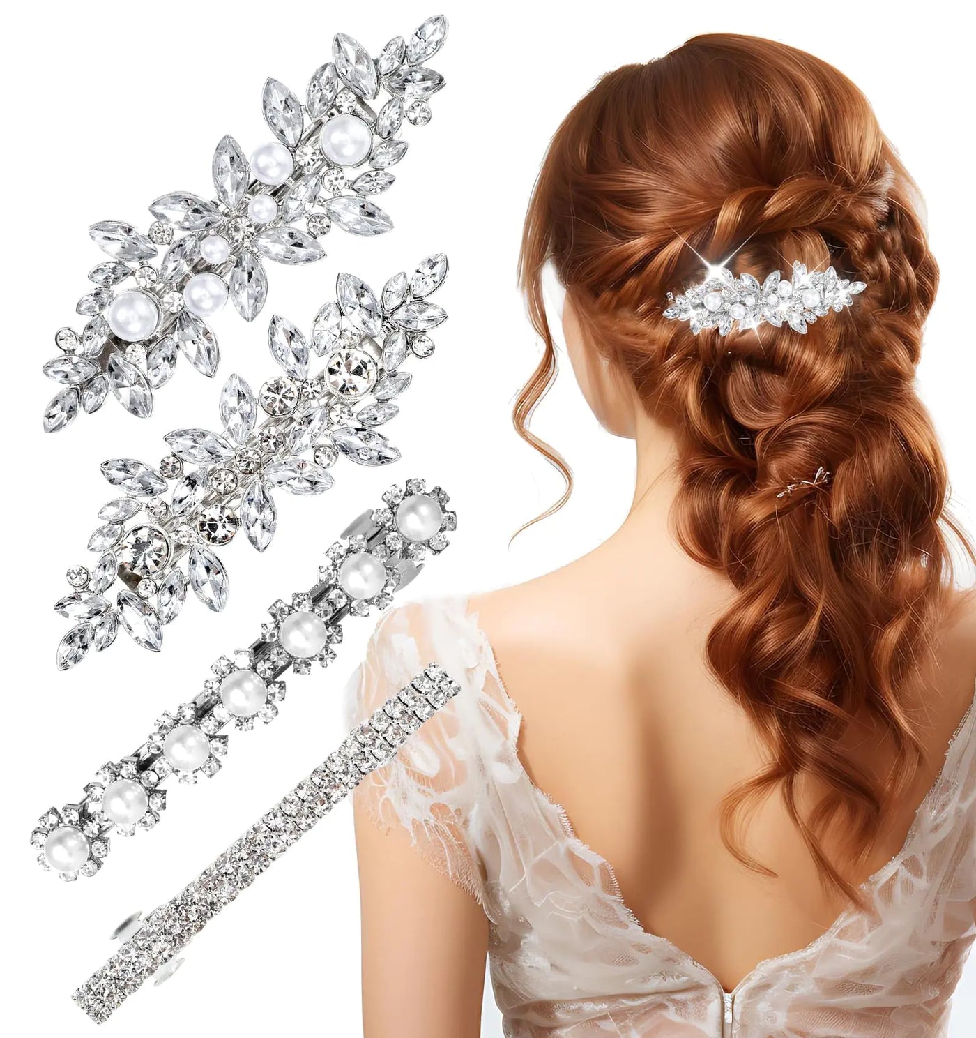 Silver Rhinestone Barrettes Hair Clips 4 Piece- Pearl