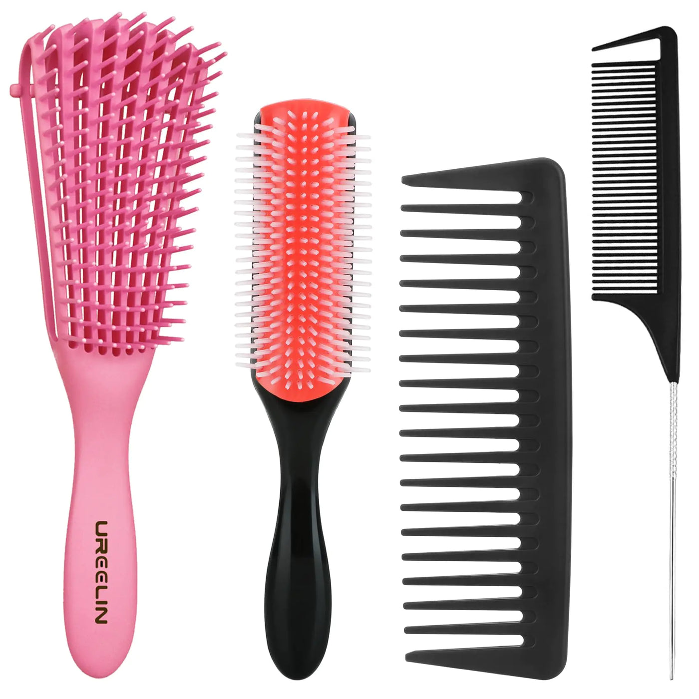 UREELIN Detangler Hair Brush 4 Piece Set -Pink  and Black