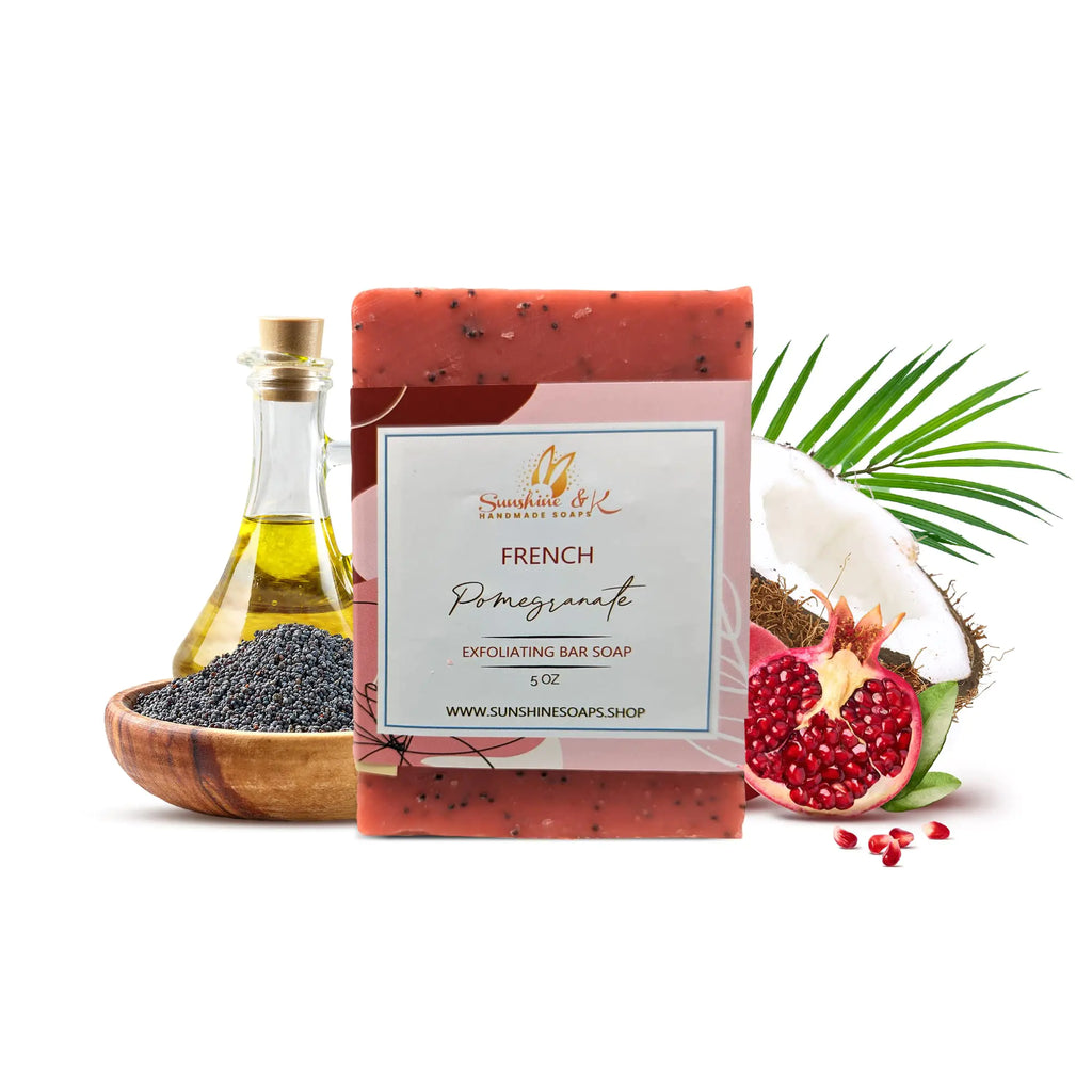 French Pomegranate Exfoliating Soap Bar Soap with Poppy Seeds & Shea Butter All-Natural Base Oils Body Soap Bars with 6 Natural Base Oils 4.4/4.5 oz Sunshine & K Handmade Soaps