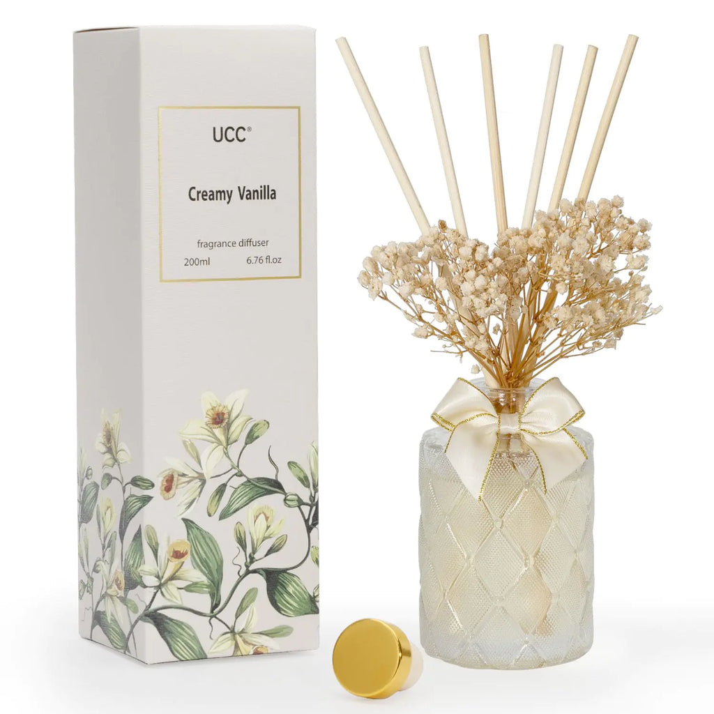 UCC Premium Reed Diffuser Set with Preserved Flower Reed Sticks 6.76 fl oz Creamy Vanilla Scented Room Diffuser Home Fragrance Essential Oil Reed Diffuser for Bedroom Bathroom Home Décor Office