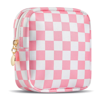 Minin Checkered Makeup Bag with zipper -Pink