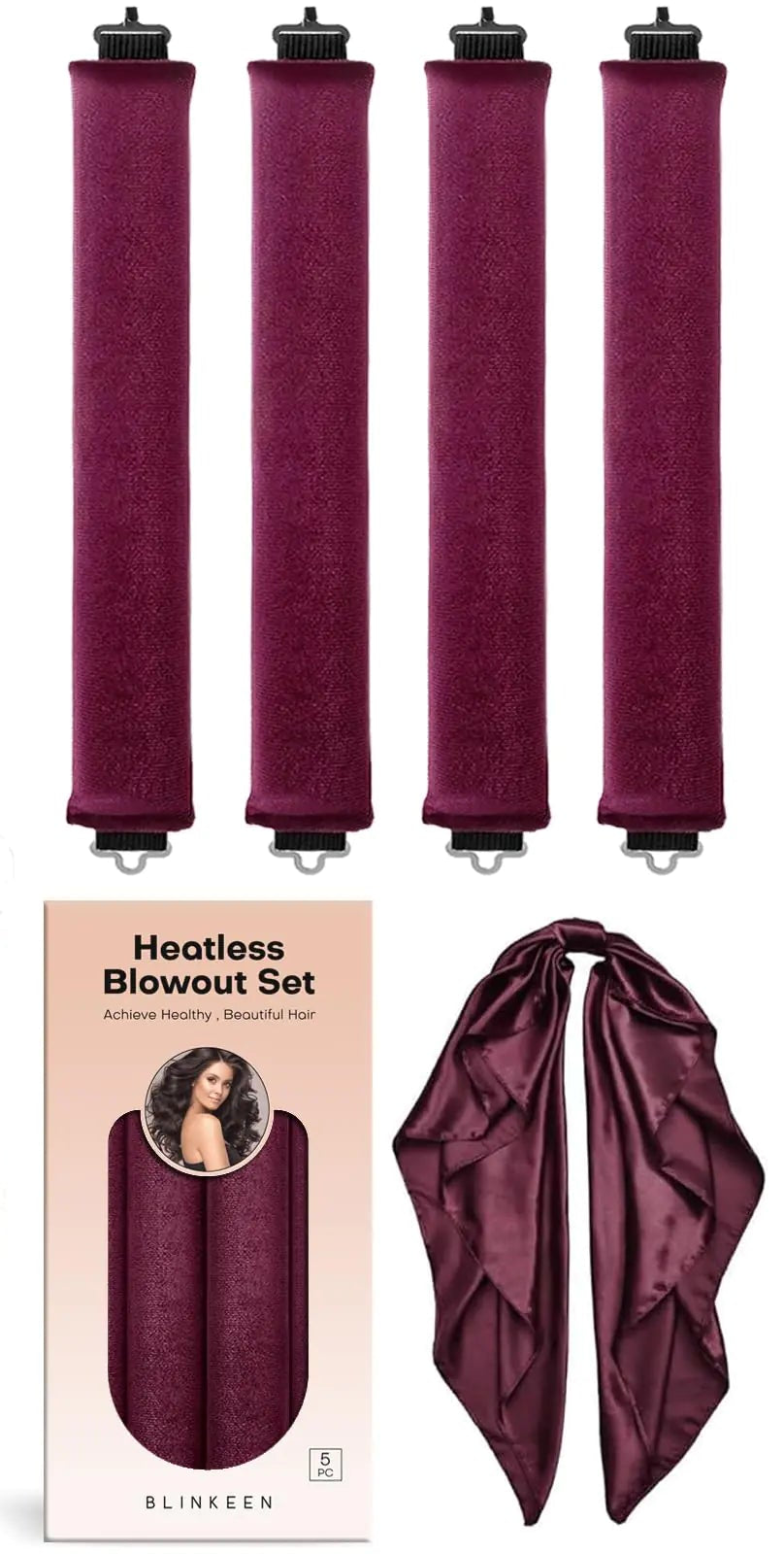 Heatless Velvet Overnight Hair Curling Rod 4 Piece  Set with Scarf- Wine