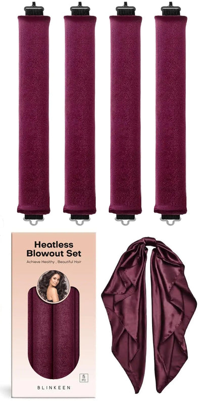 Heatless Velvet Overnight Hair Curling Rod 4 Piece  Set with Scarf- Wine