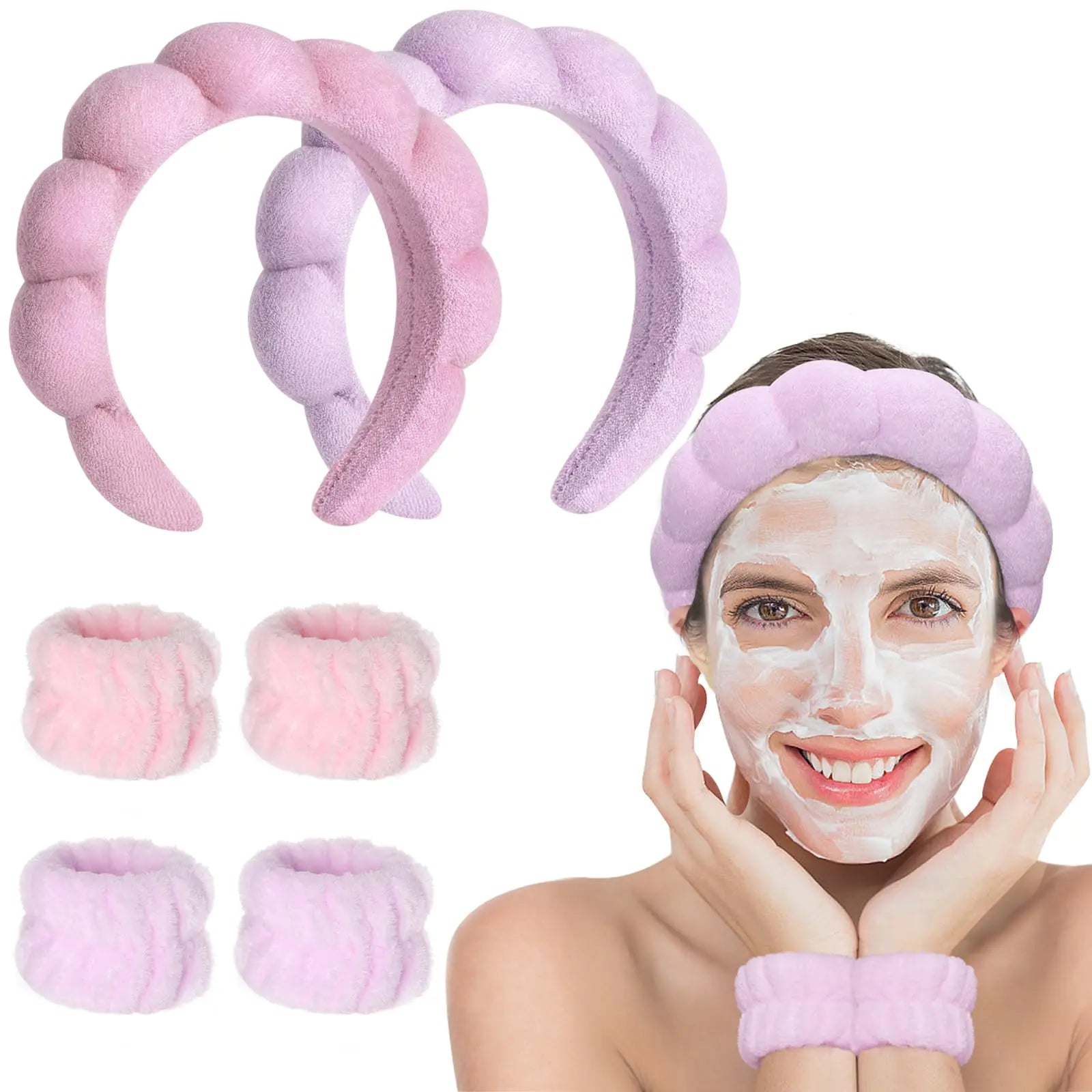 Set of 4 Piece Spa Headband, wristband, Bubble mask for Face Washing