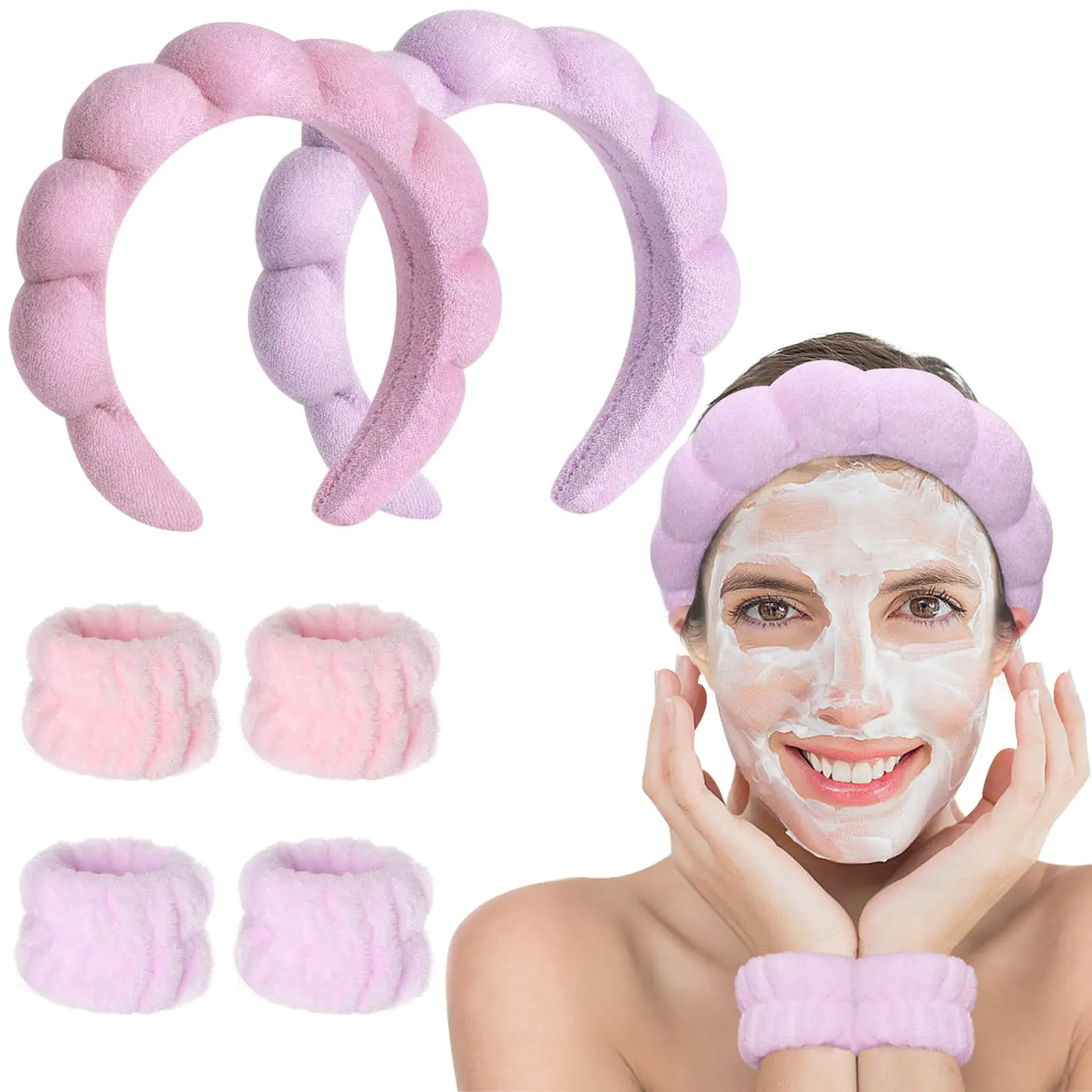 Set of 4 Piece Spa Headband, wristband, Bubble mask for Face Washing