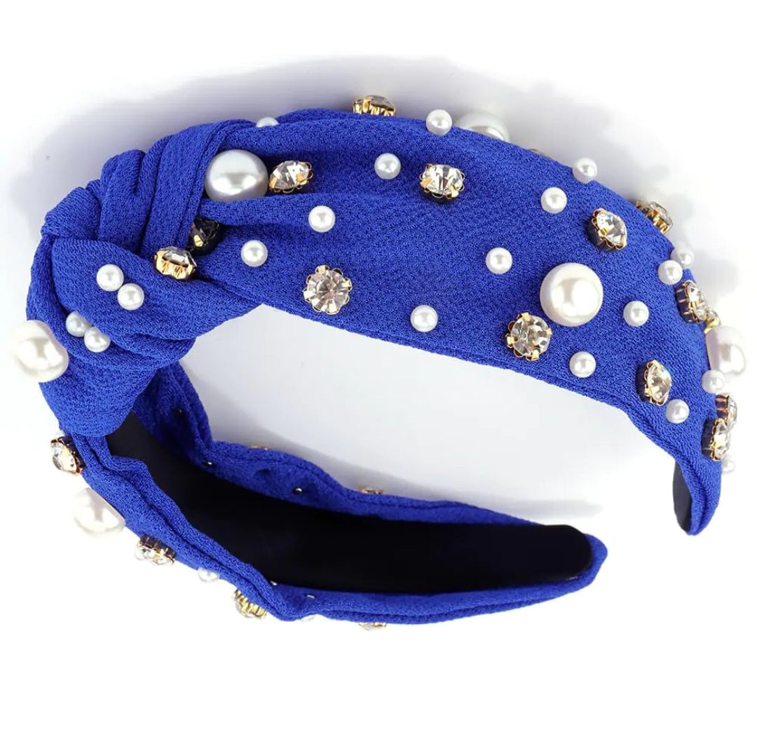 Jewelled Pearl Knotted Royal Blue Headband with Rhinestone