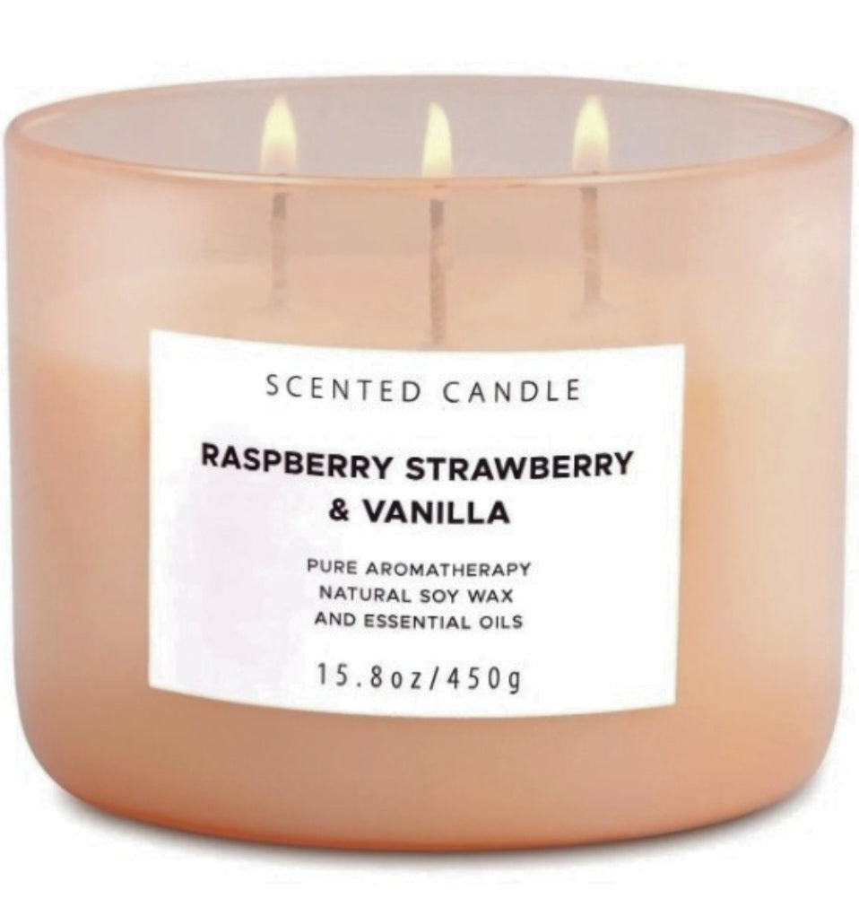 Raspberry Strawberry Vanilla Candle | Large 3 Wick Highly Scented Candle for Home | Natural Soy Candle | Refreshing Aromatherapy Candle Gift 15.8 oz | Long Lasting Relaxing Candle for Women & Men
