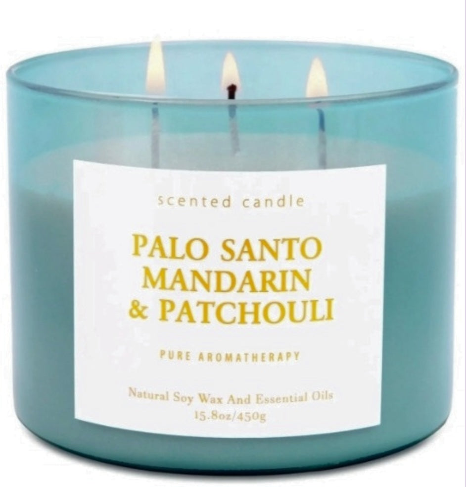 Palo Santo Mandarin Patchouli Candle - 3 Wick Highly Scented Candles for Home - Natural Soy Candle Large 15.8 oz - Warm & Relaxing Home Scent Candle for Men & Women - Aromatherapy Stress Relief Candle