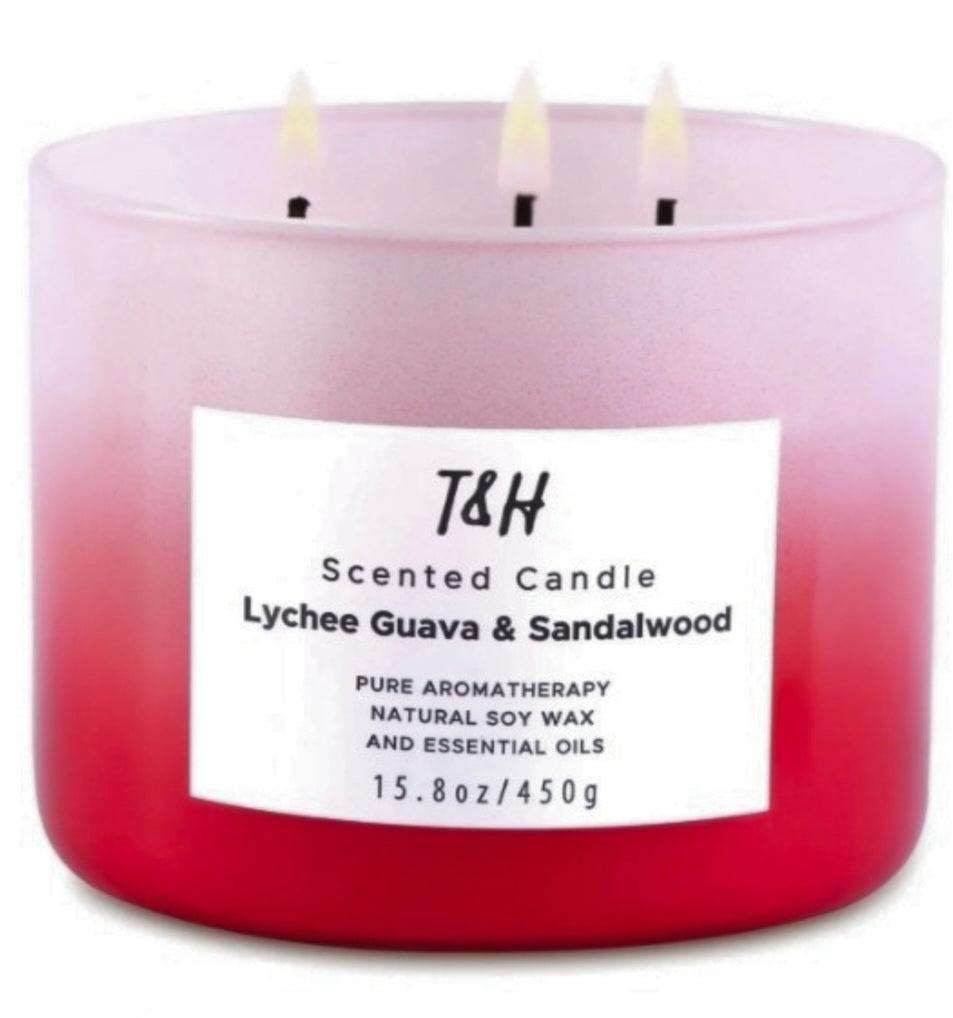 Lychee Guava Sandalwood Candle | Large 3-Wick Highly Scented Candle | Natural Soy Candle for Home 15.8 oz | Refreshing Tropical Fruity Scented Candle Aromatherapy Stress Relief Candle for Women & Men