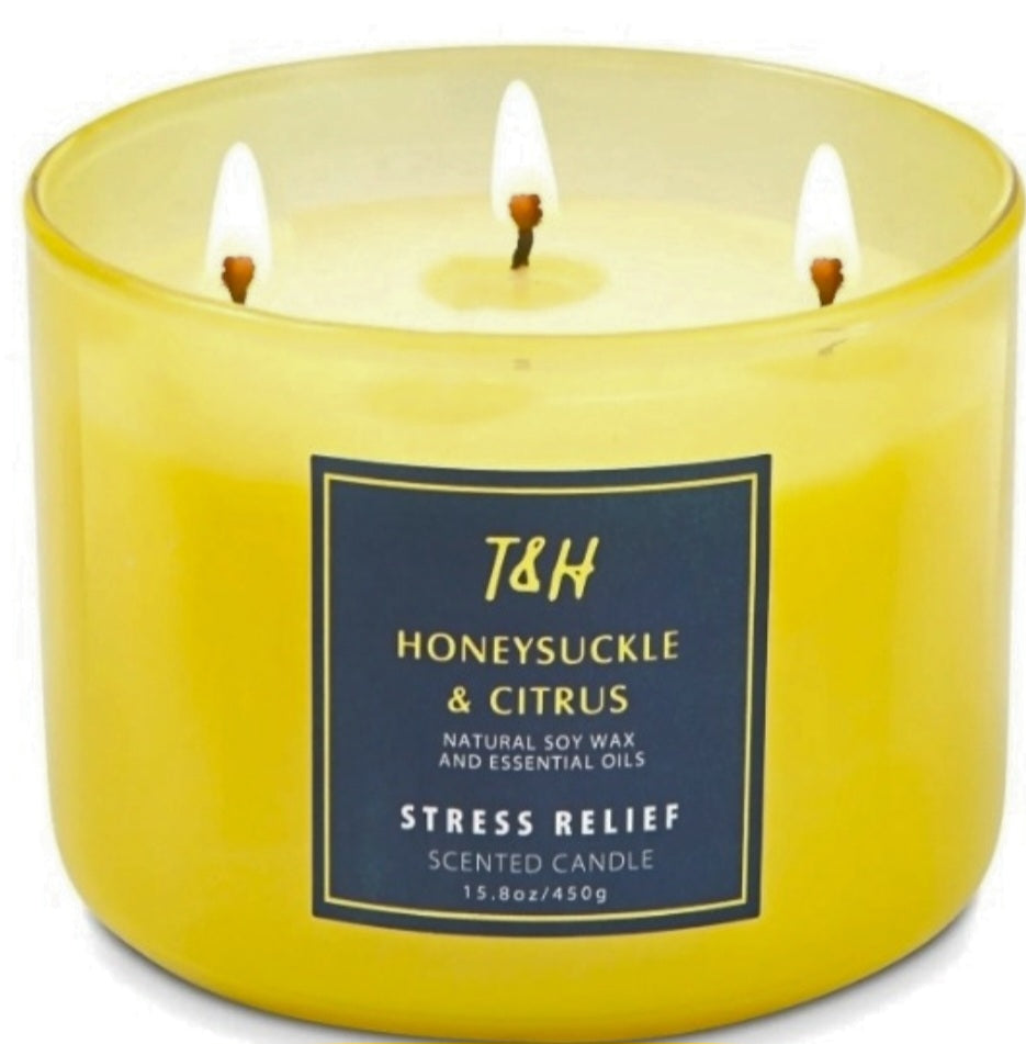 Large 3-Wick Aromatherapy Scented Candles for Home - Honeysuckle Citrus Stress Relief Candle with Grapefruit & Mint - Natural Soy Candles Clean Burning - Relaxing Candle for Women & Men