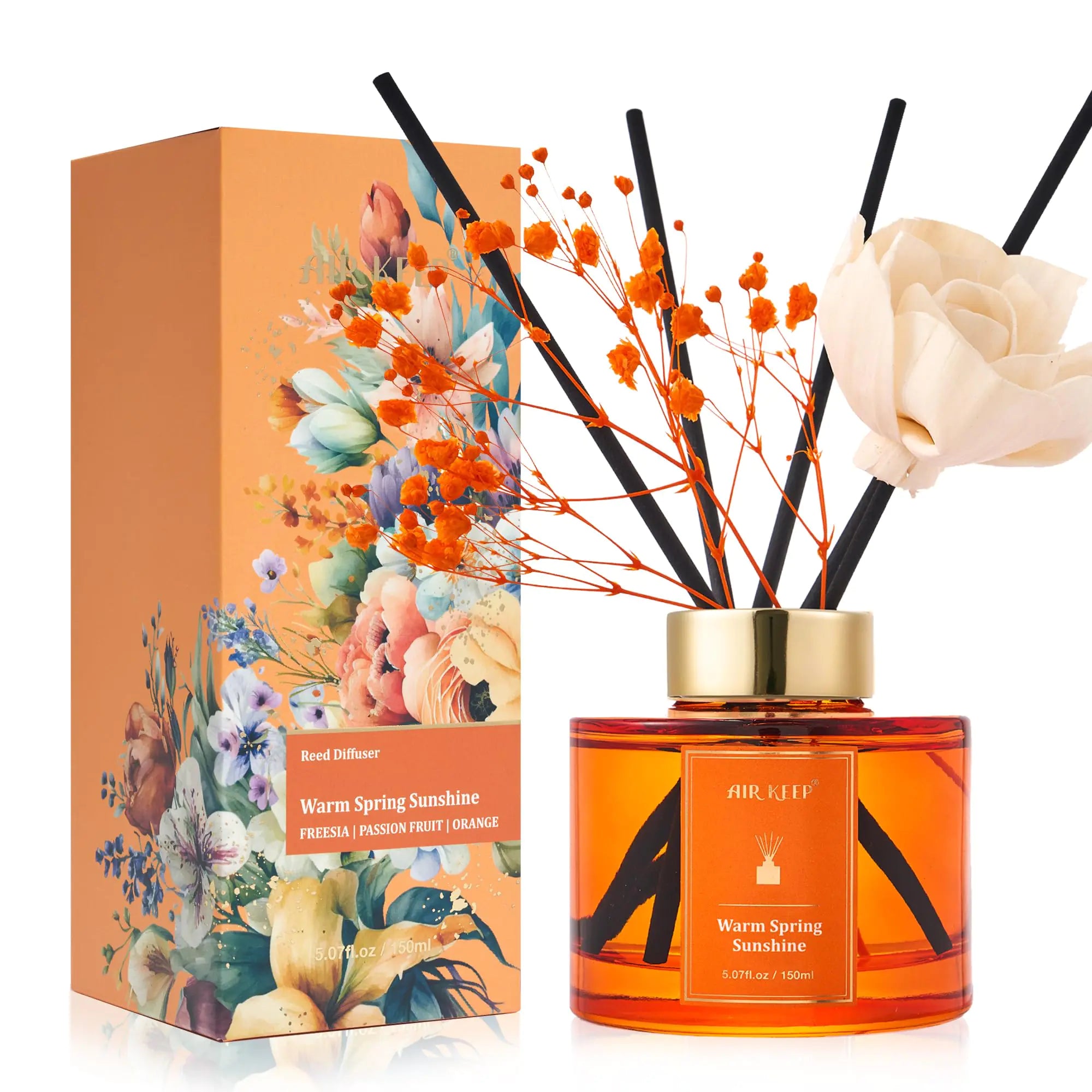 Airkeep Flower Reed Diffusers Set 5.07 oz Freesia/Passion Fruit/Orange Scented Oil Diffuser with 8 Reed Sticks Home Fragrance Diffuser Gift Set for Bathroom & Office Decor 150ml