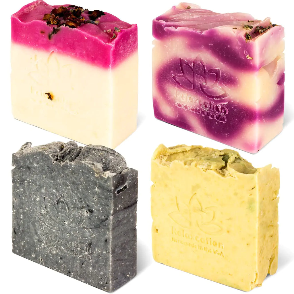 Relaxation 4 Natural Cold Process Soap Bars - Shea Butter Lavender Kaolin Clay Rose Olive and Charcoal Soap Bar