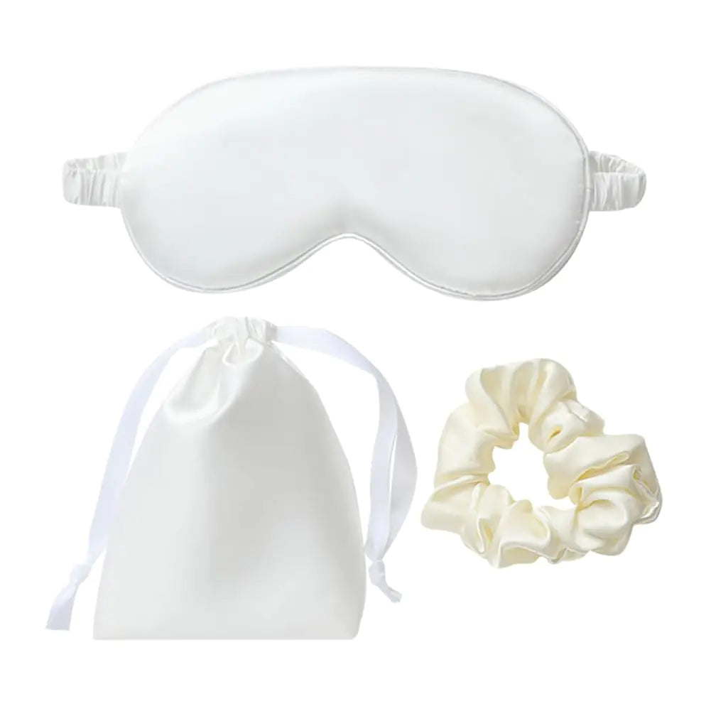 White 3 Piece Silk Sleeping Eye Mask Set with Hair Scrunchies