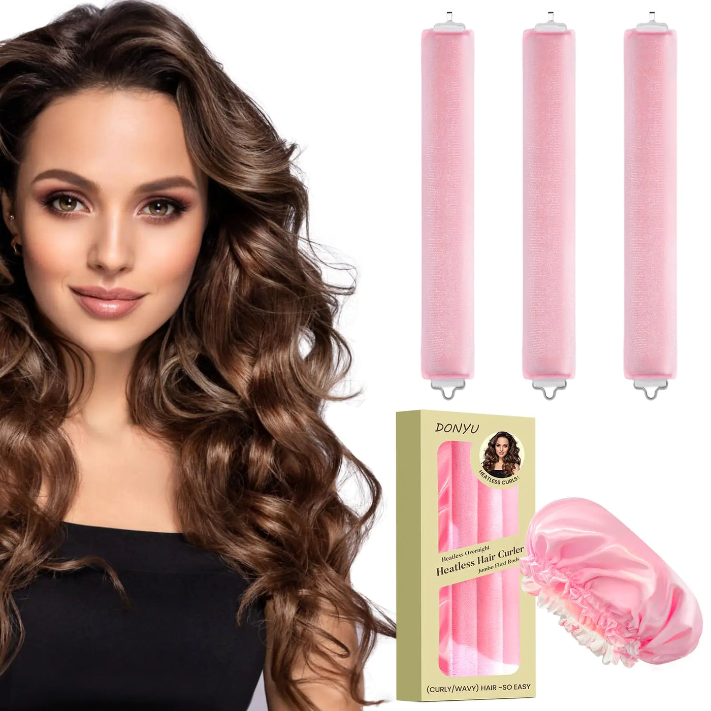 Heatless Hair Curler Rods with a Night Bonnet 3 Piece- Pink Petal)
