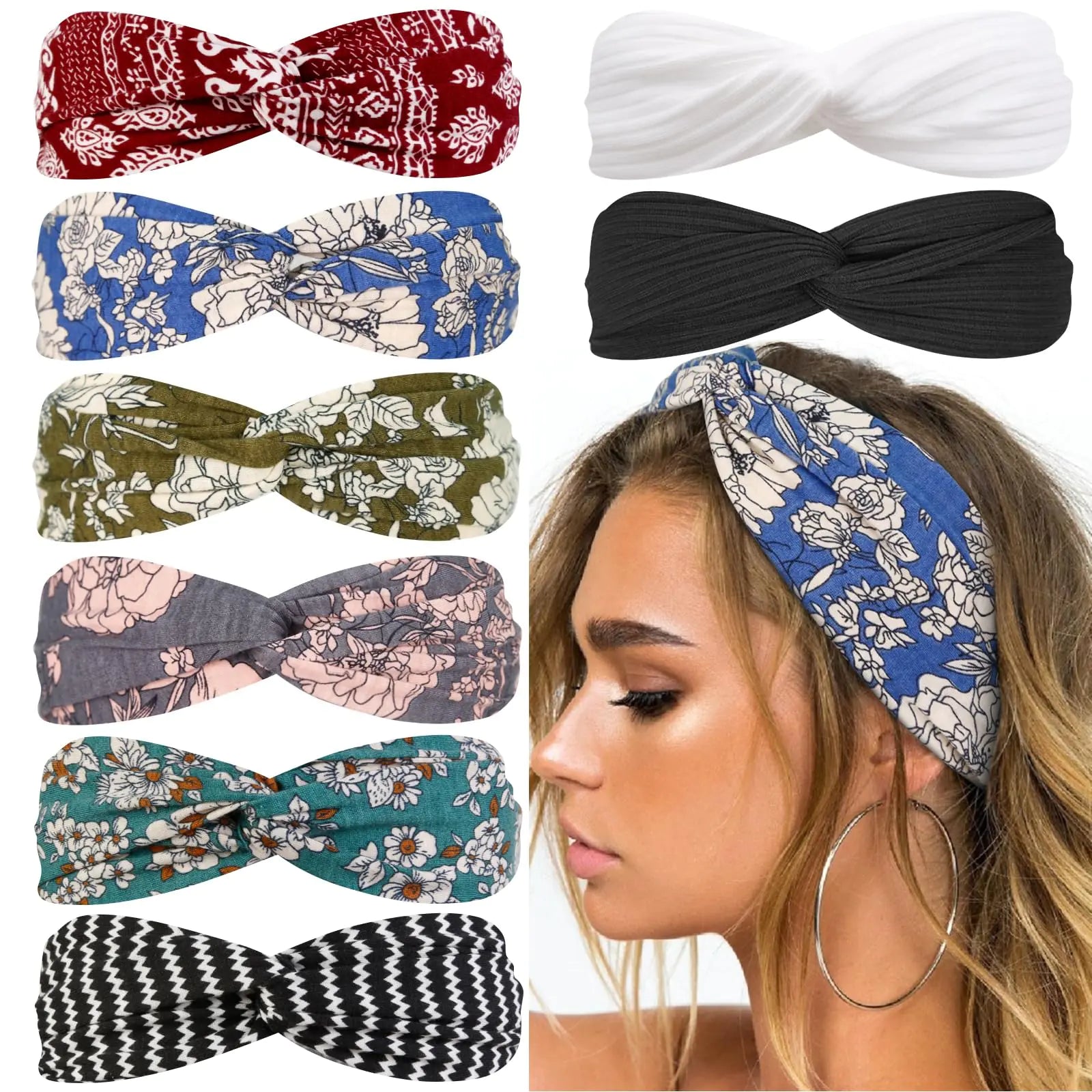 A set of Womens Boho Twist Headbands with Elastic Fabric