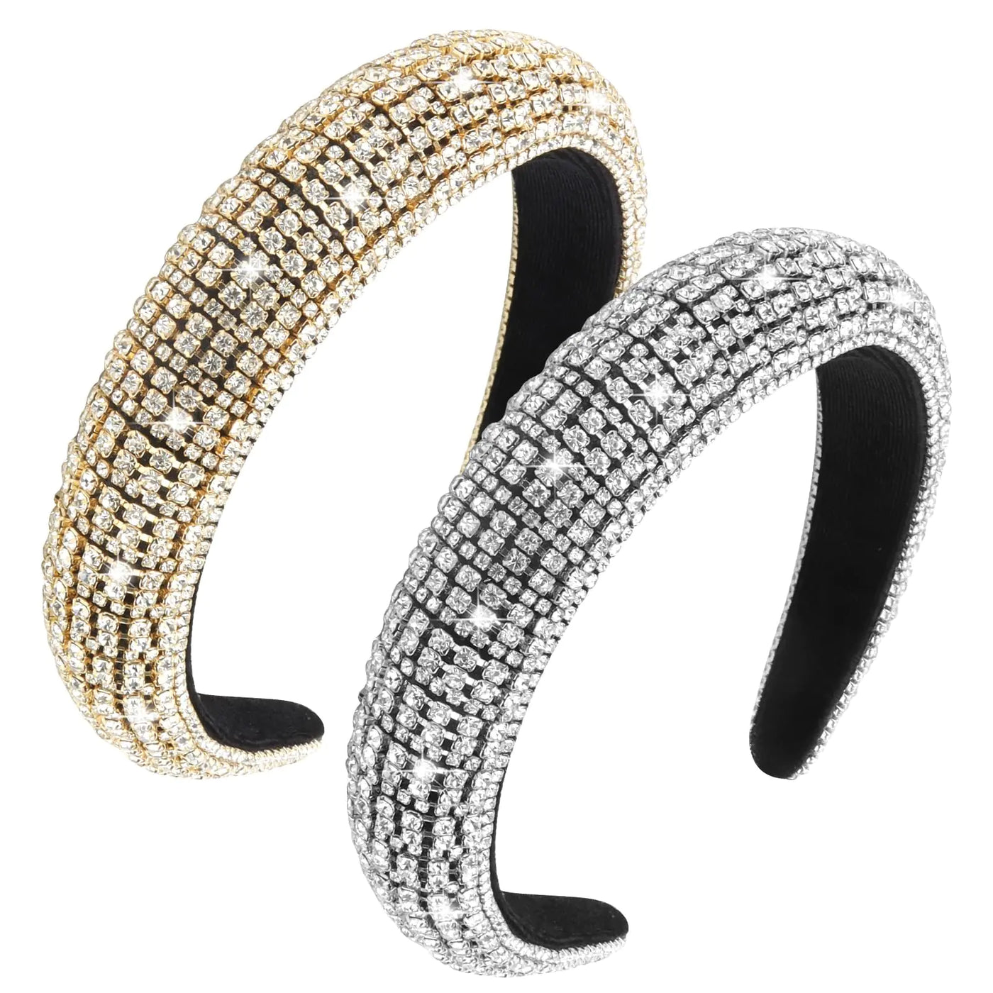 Thicke Padded 2 Piece Silver Gold Rhinestone Headbands