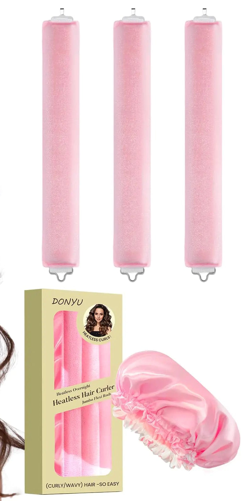 Heatless Hair Curler Rods with a Night Bonnet 3 Piece- Pink Petal)