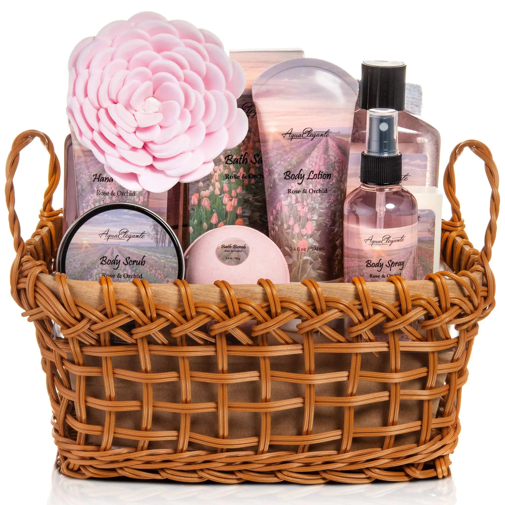 Spa Baskets For Women - Luxury Bath Set With Rose Oil & Orchid - Spa Kit Includes Wash Bubble Bath Lotion Bath Salts Body Scrub Body Spray Shower Puff Bathbombs Soap and Towel