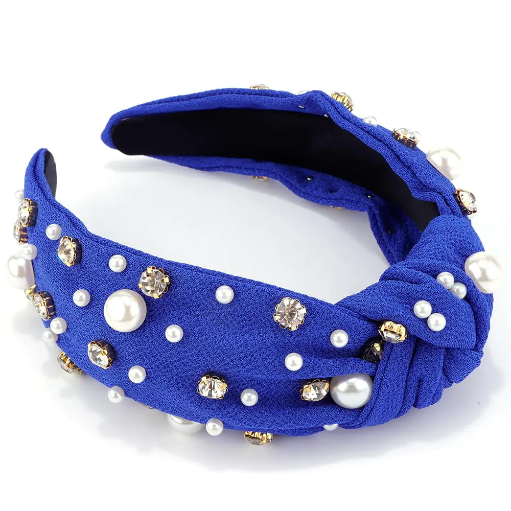 Jewelled Pearl Knotted Royal Blue Headband with Rhinestone