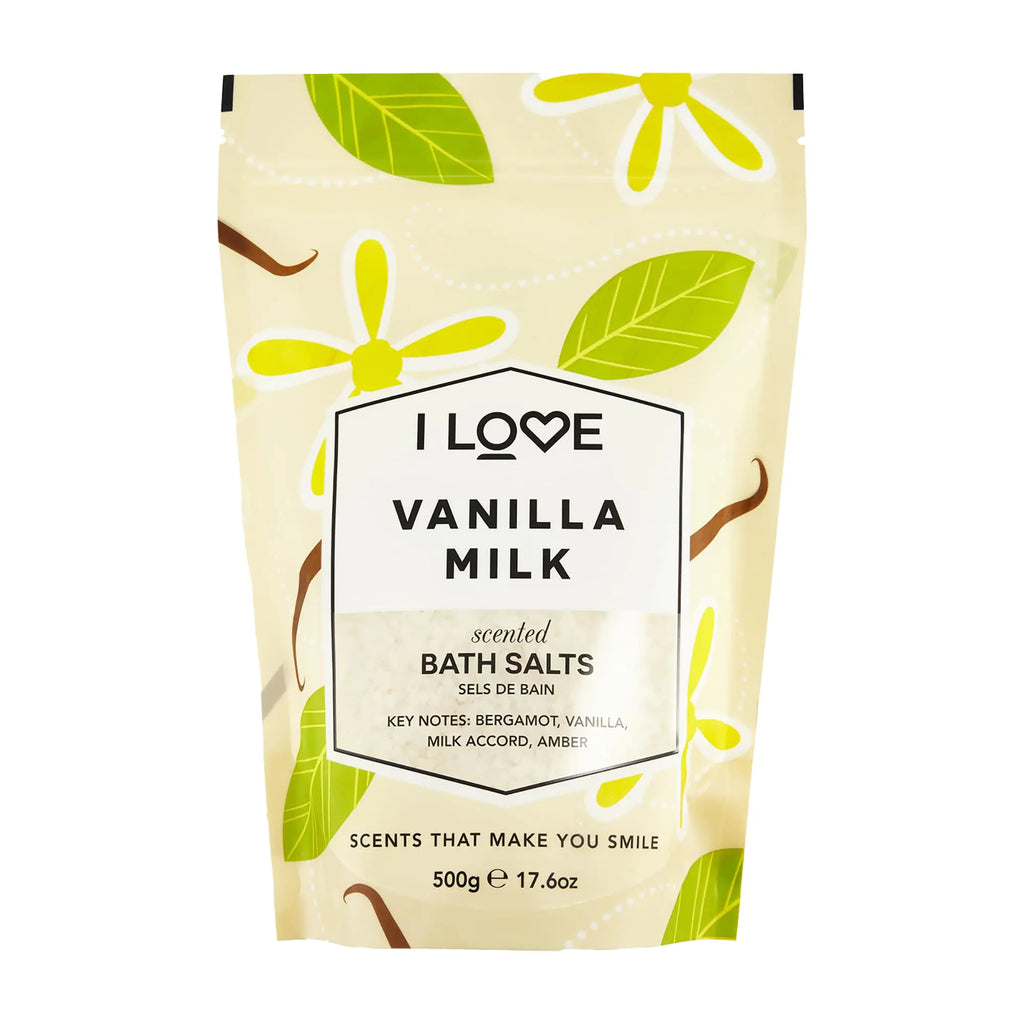 I LOVE Vanilla Milk Bath Salts - Calming Bath Soak with Amber and Vanilla Scent - Relaxing Bath Salts - Comfort and Nourish Skin - 17.6 oz