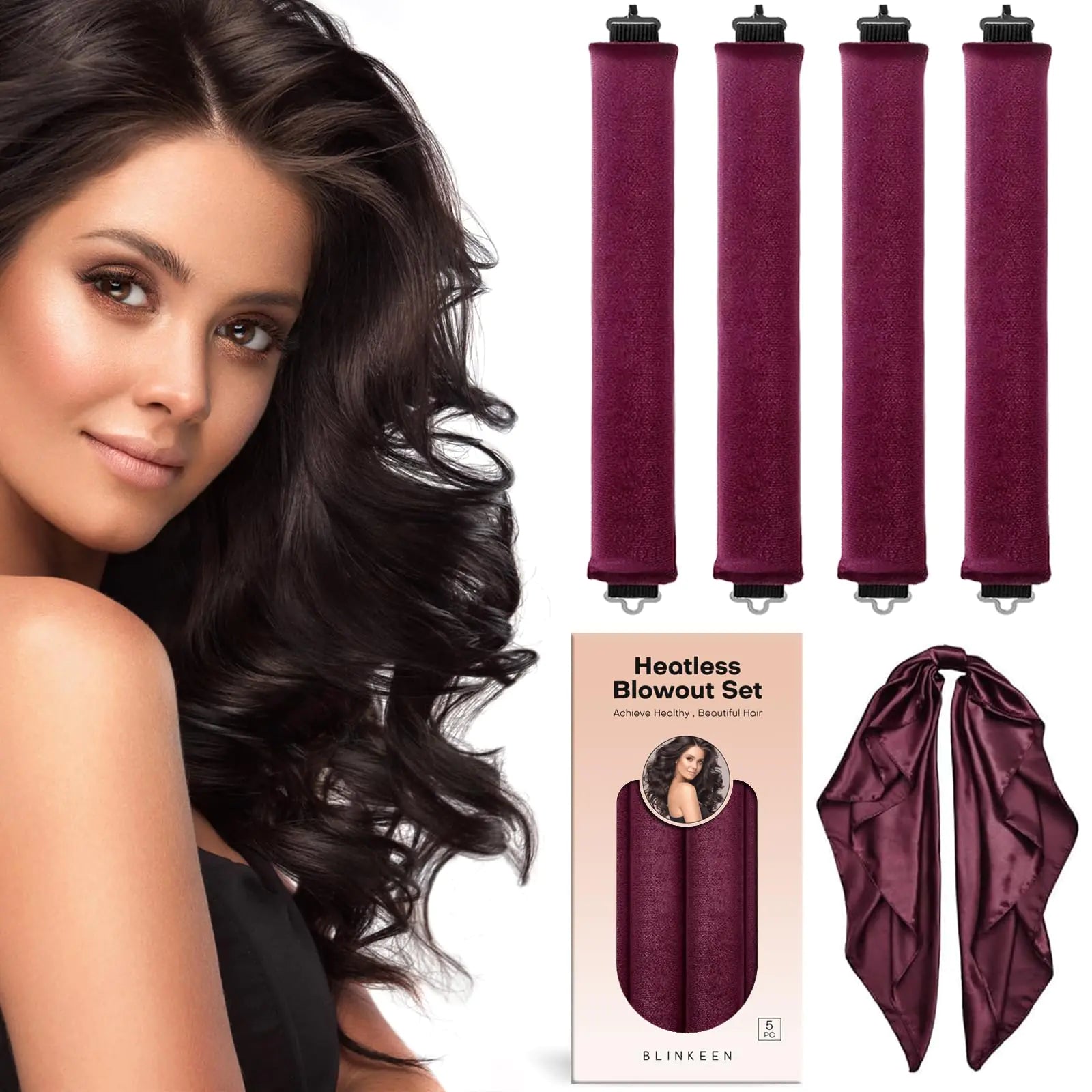 Heatless Velvet Overnight Hair Curling Rod 4 Piece  Set with Scarf- Wine