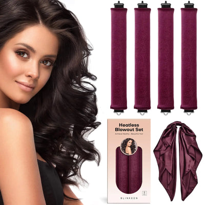 Heatless Velvet Overnight Hair Curling Rod 4 Piece  Set with Scarf- Wine