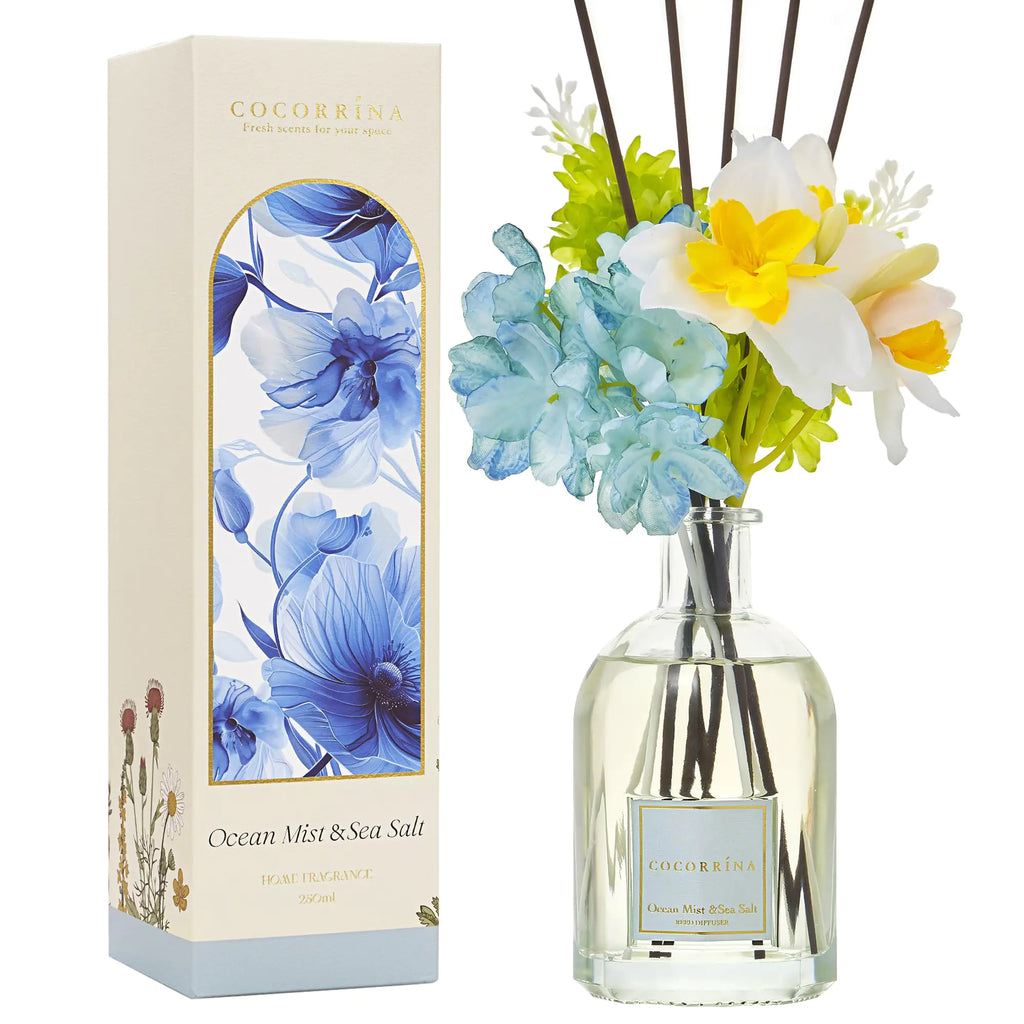 COCORRÍNA Reed Diffuser - Ocean Mist & Sea Salt 8.5 Fl.oz/ 250ml Flower Diffuser with 8 Sticks Reed Diffusers for Home Bathroom Shelf Decor (Botanical Flower Collection)