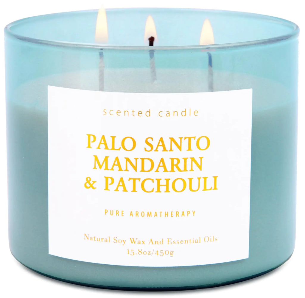 Palo Santo Mandarin Patchouli Candle - 3 Wick Highly Scented Candles for Home - Natural Soy Candle Large 15.8 oz - Warm & Relaxing Home Scent Candle for Men & Women - Aromatherapy Stress Relief Candle