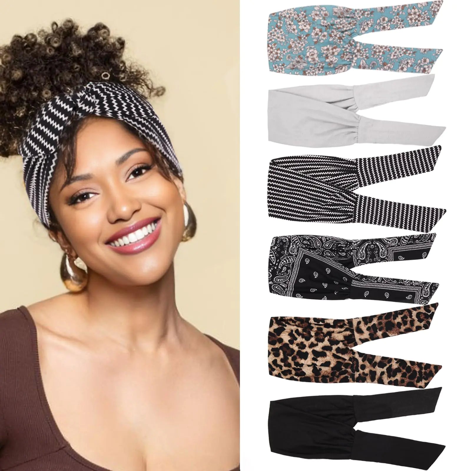 Womens Adjustable  Wide Elastic Knotted Boho Headband (6 Pieces)